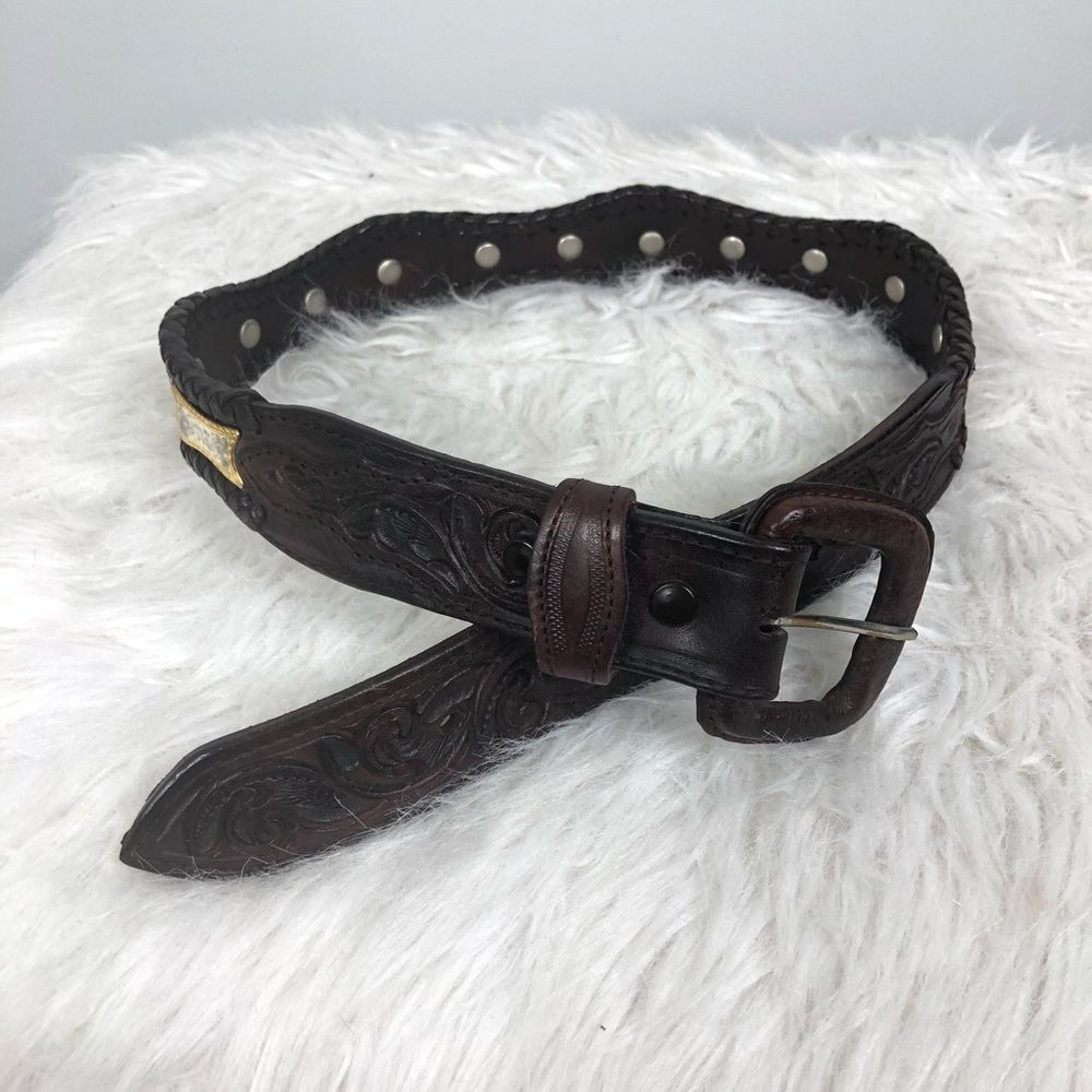 Hand Tooled Leather Belt Brown Silver Gold Details
